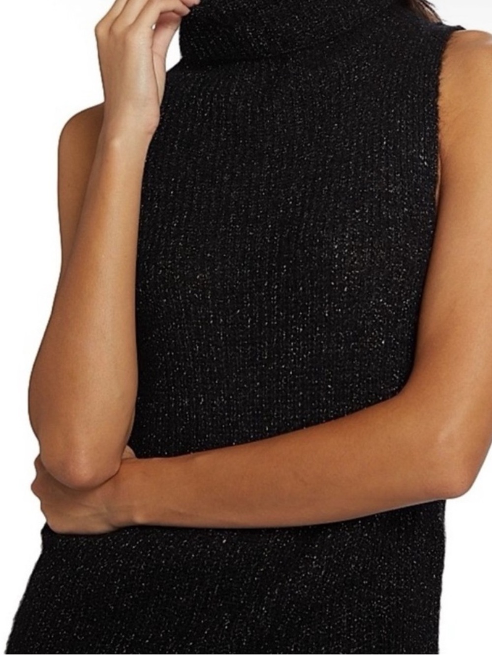 Sleeveless Turtleneck Knit tank in Black Grey with sparkly thread woven in